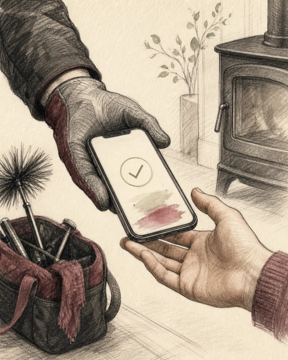 Illustration au crayon d’un ramoneur transmettant un document sur smartphone