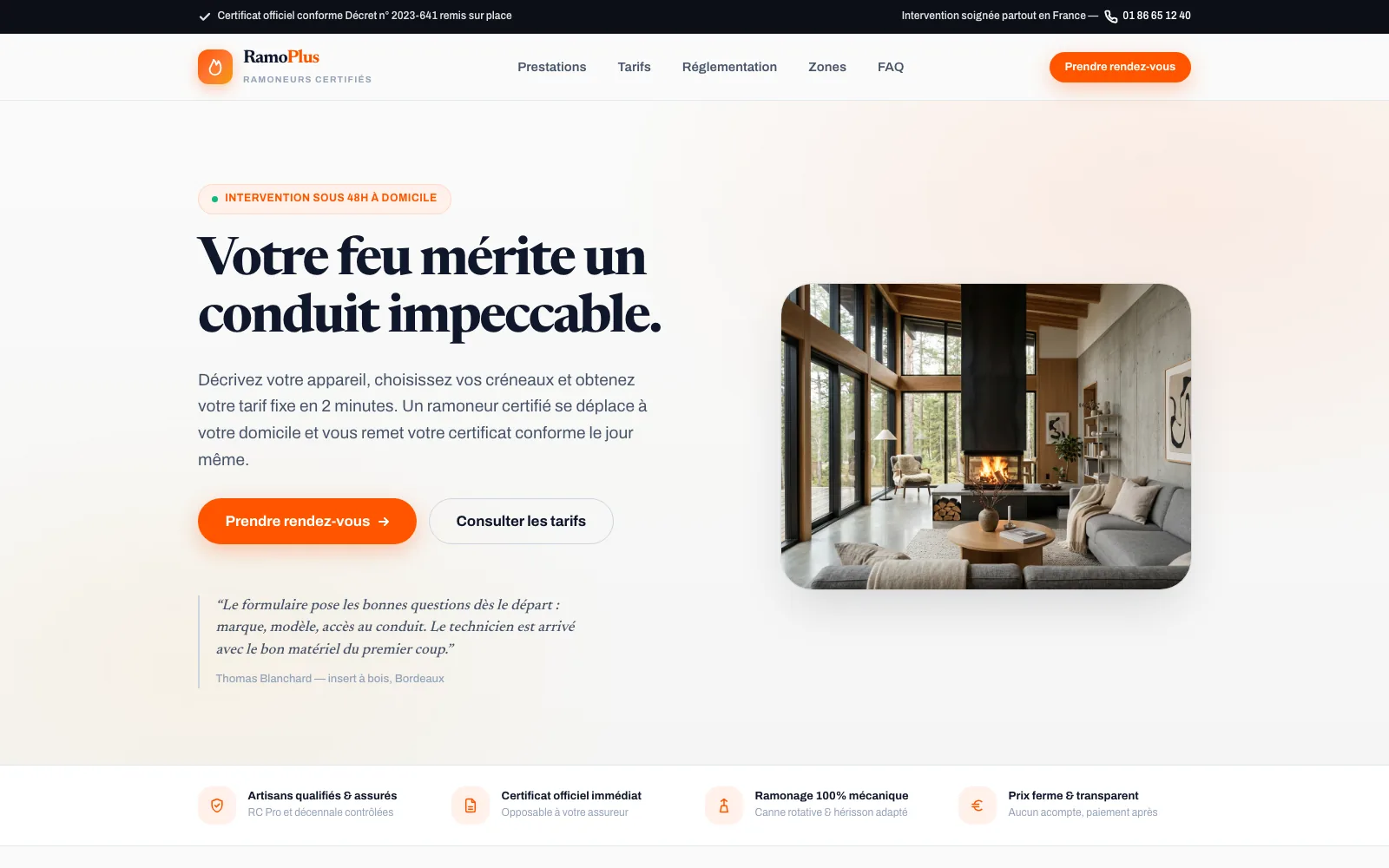 Page d’accueil du site RamoPlus : titre, prise de rendez-vous et bandeau de garanties