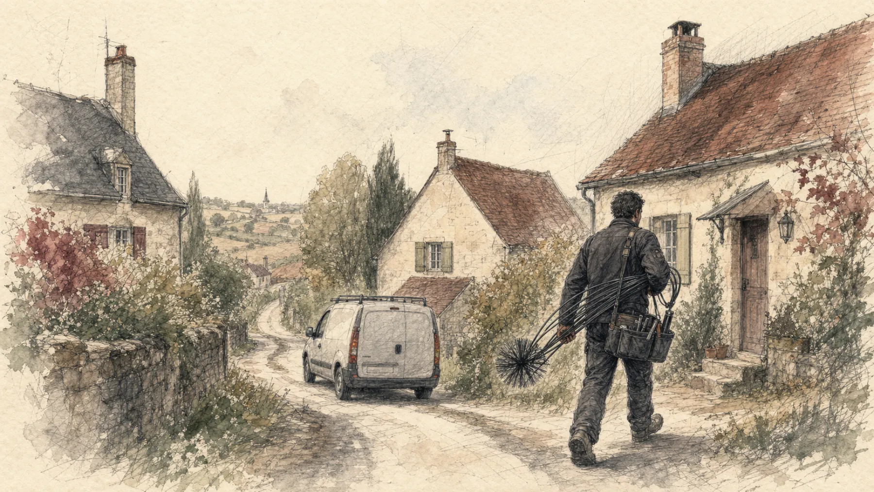 Illustration au crayon d’un ramoneur en tournée dans un village français