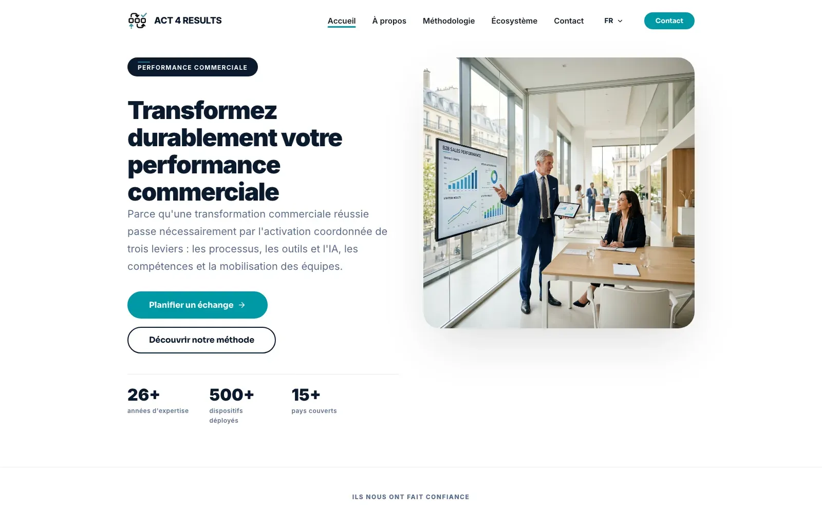 Site d'ACT4RESULTS, conseil en performance commerciale et transformation des ventes, conçu par Bloomy Studio.