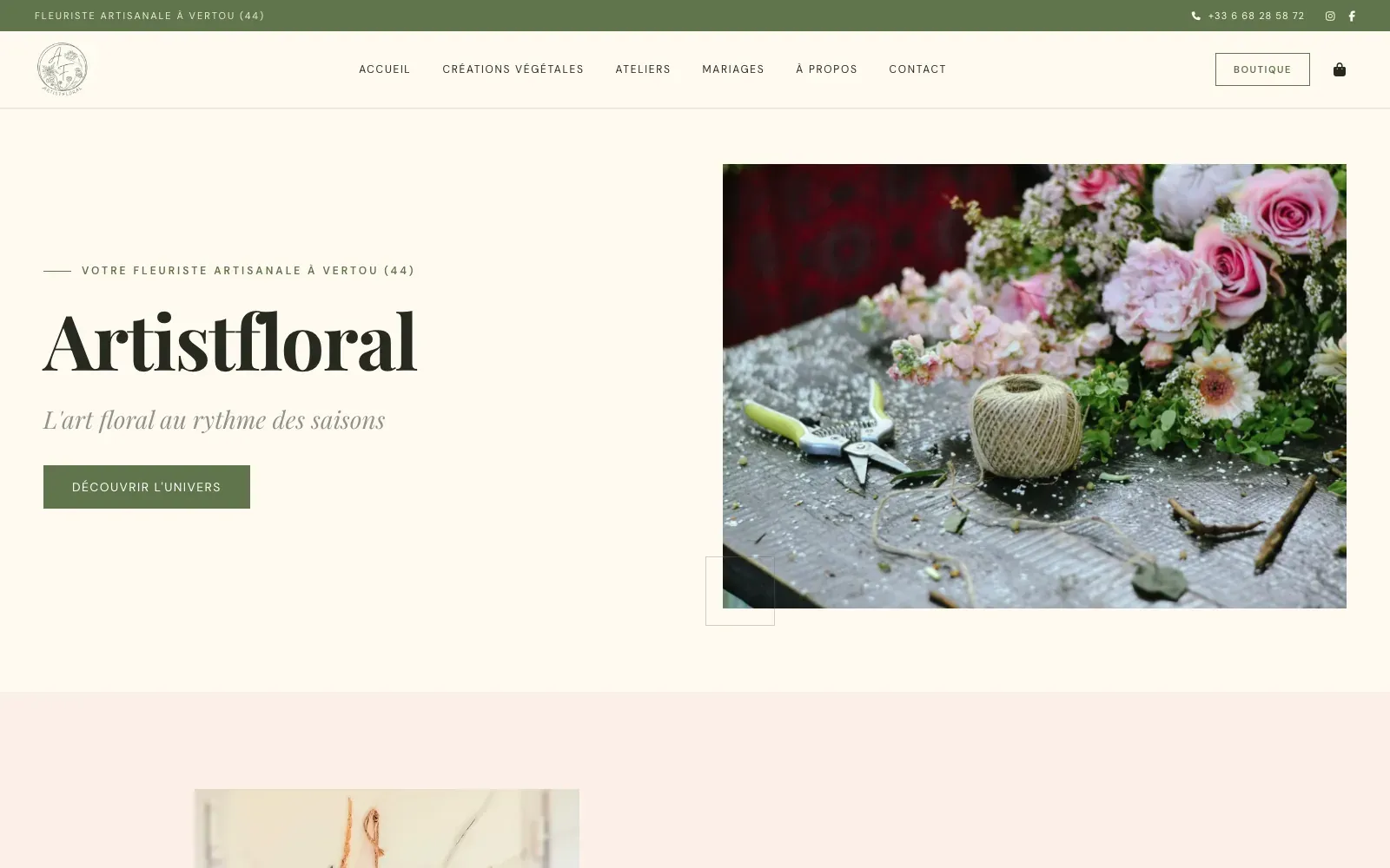 Site d'Artistfloral, studio floral artisanal et ateliers à Vertou, conçu par Bloomy Studio.