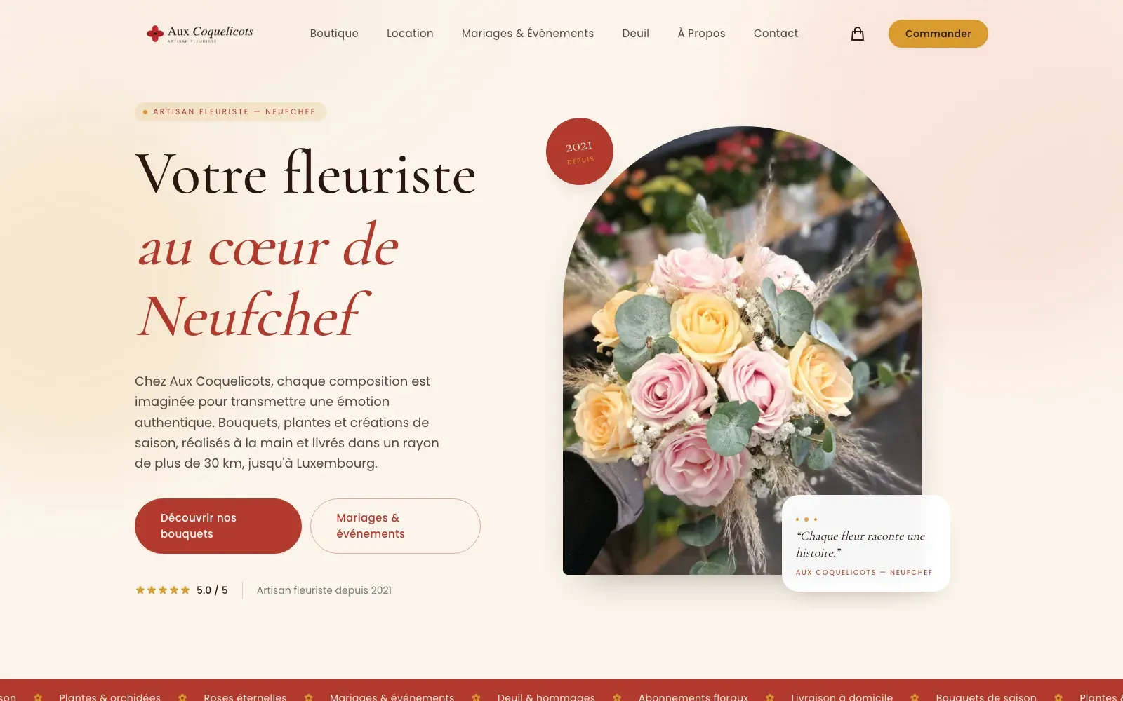 Site d'Aux Coquelicots, artisan fleuriste à Neufchef, conçu par Bloomy Studio.