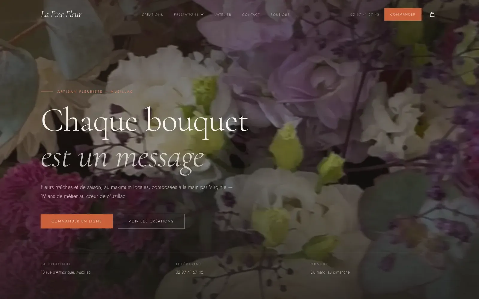 Site de La Fine Fleur, artisan fleuriste à Muzillac, conçu par Bloomy Studio.
