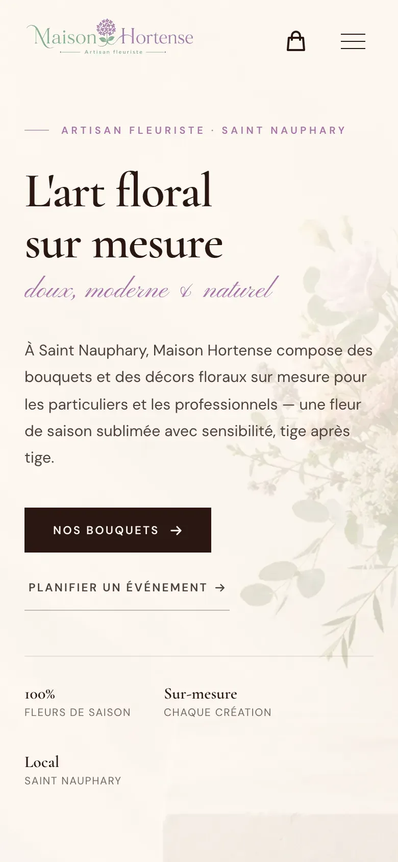 Version mobile du site de Maison Hortense, fleuriste à Saint-Nauphary.