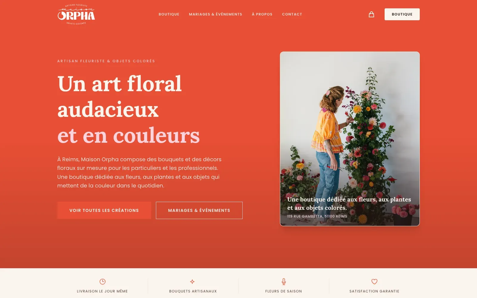 Site de Maison Orpha, fleuriste et objets colorés à Reims, conçu par Bloomy Studio.