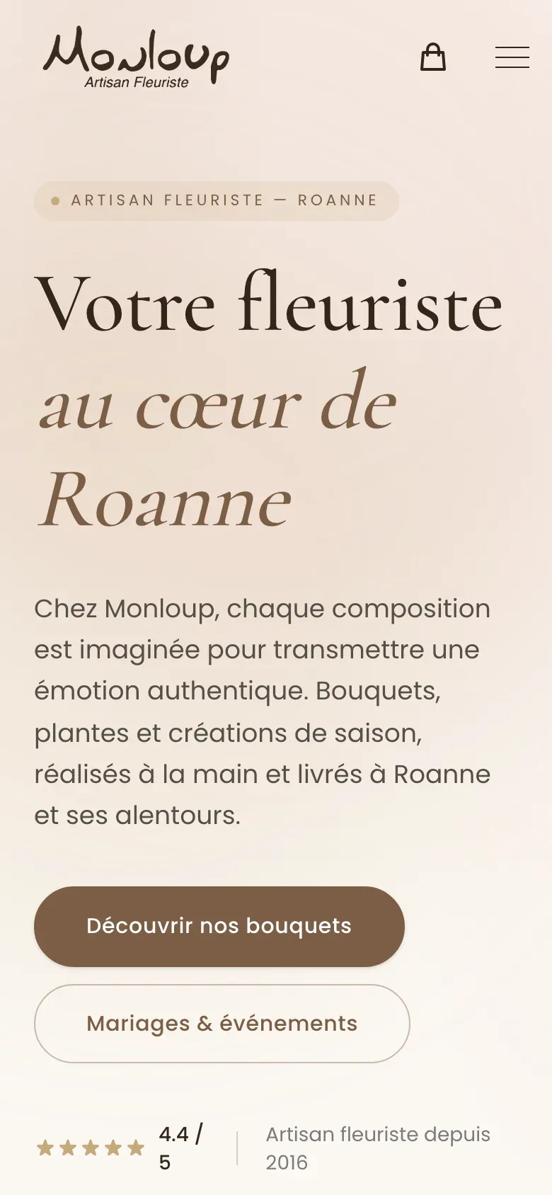 Version mobile du site de Monloup, artisan fleuriste à Roanne.