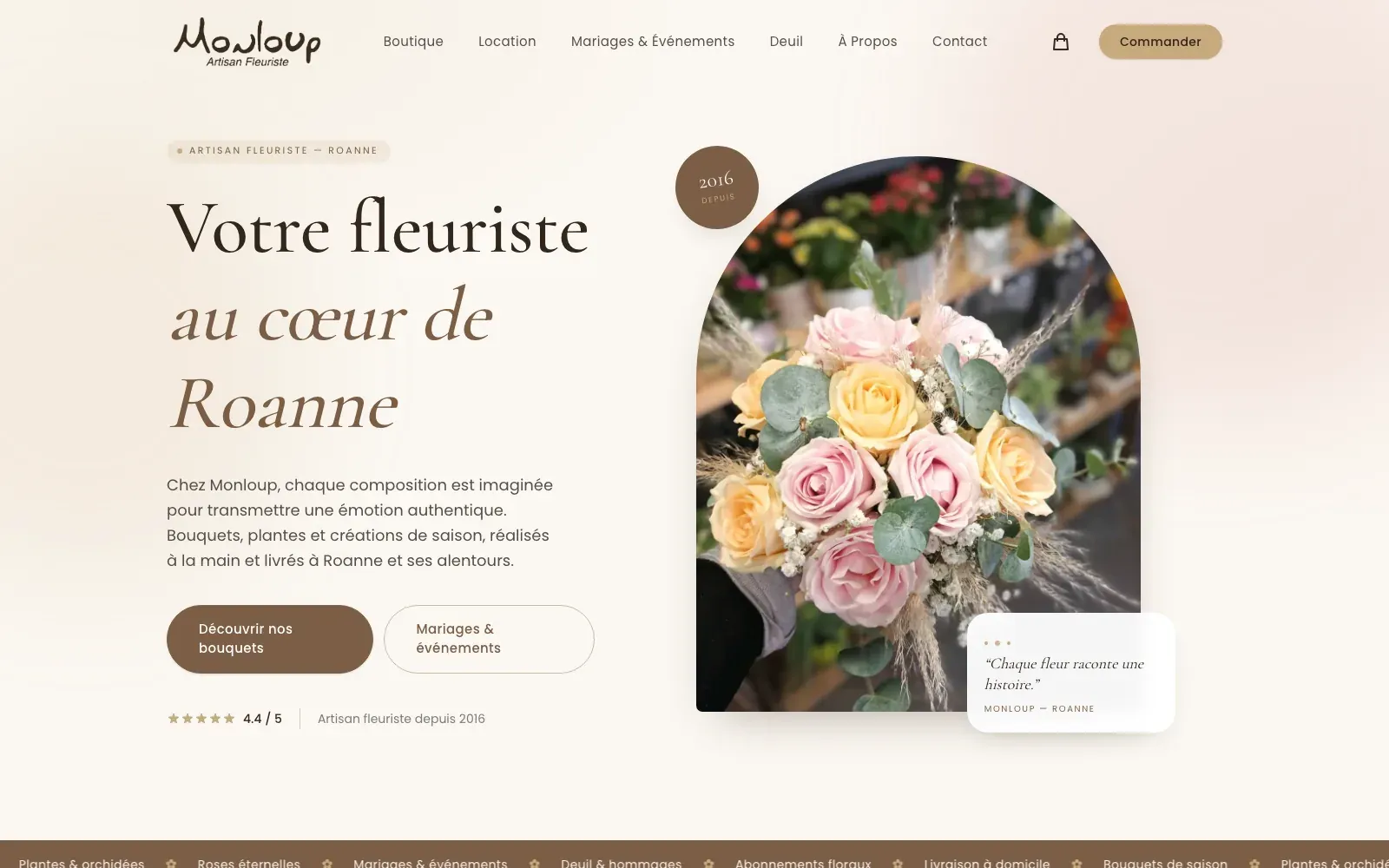 Site de Monloup, artisan fleuriste à Roanne, conçu par Bloomy Studio.