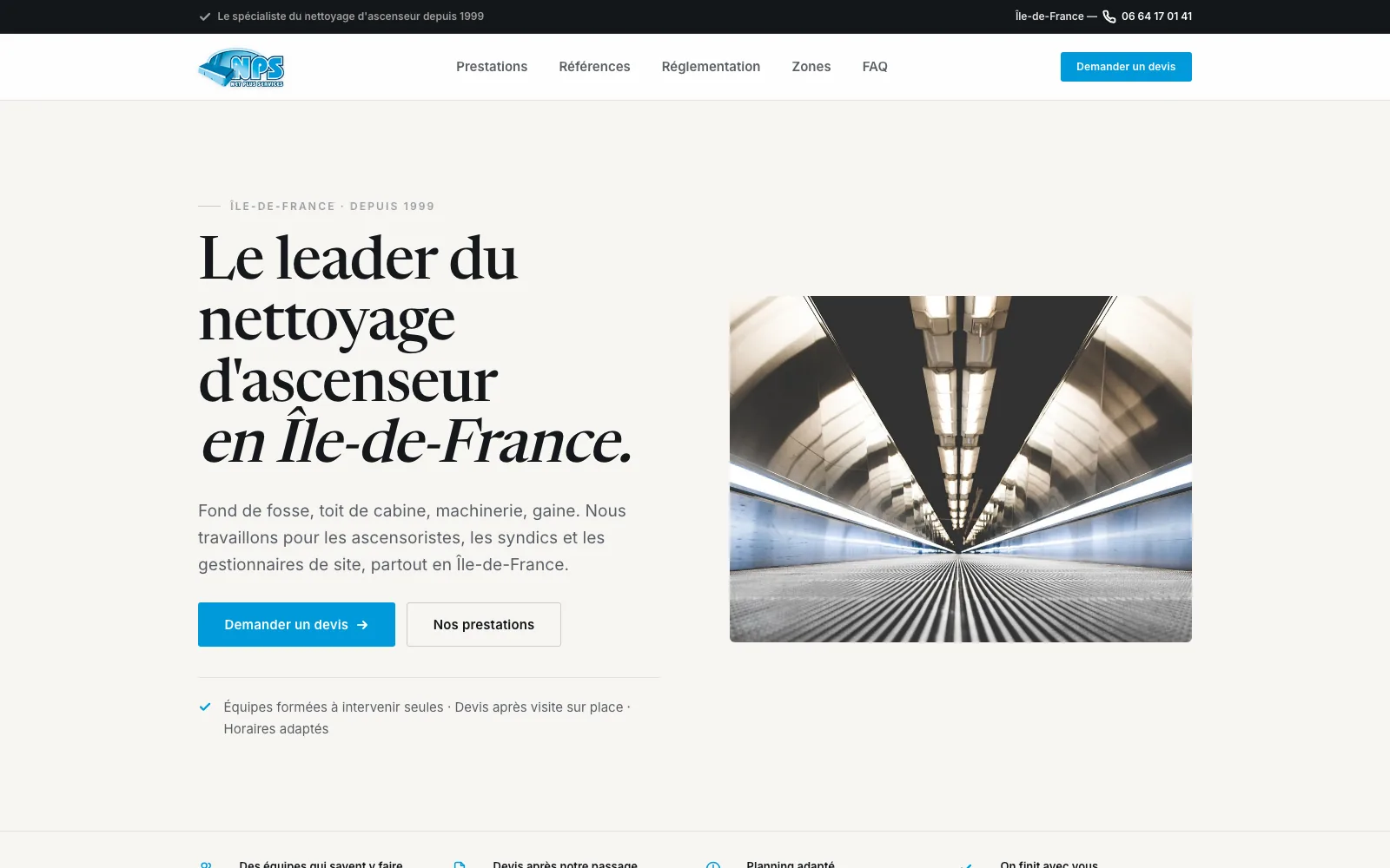 Site de Net Plus Services, spécialiste du nettoyage d'ascenseurs en Île-de-France, conçu par Bloomy Studio.