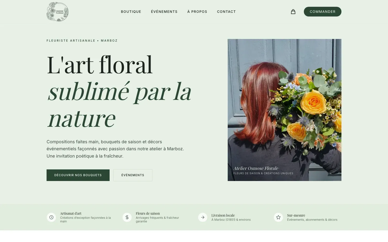 Site d'Osmose Florale, fleuriste artisan à Marboz, conçu par Bloomy Studio.
