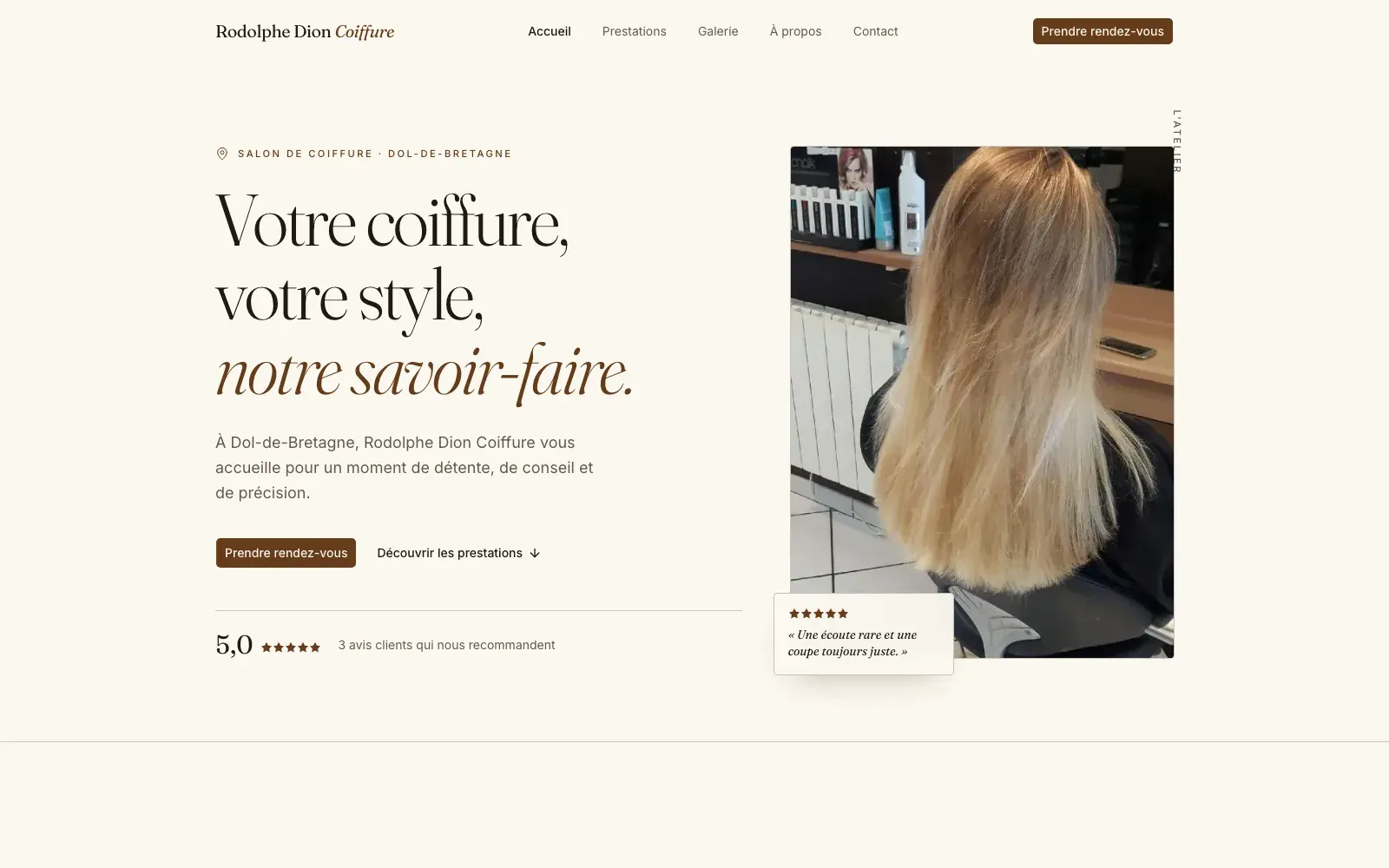 Site de Rodolphe Dion Coiffure, salon de coiffure à Dol-de-Bretagne, conçu par Bloomy Studio.